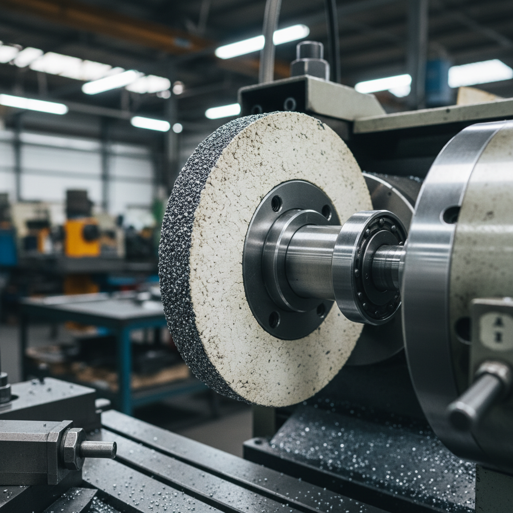 Vitrified CBN grinding wheel mounted on a precision grinder showing ceramic bond wheel face and spindle details