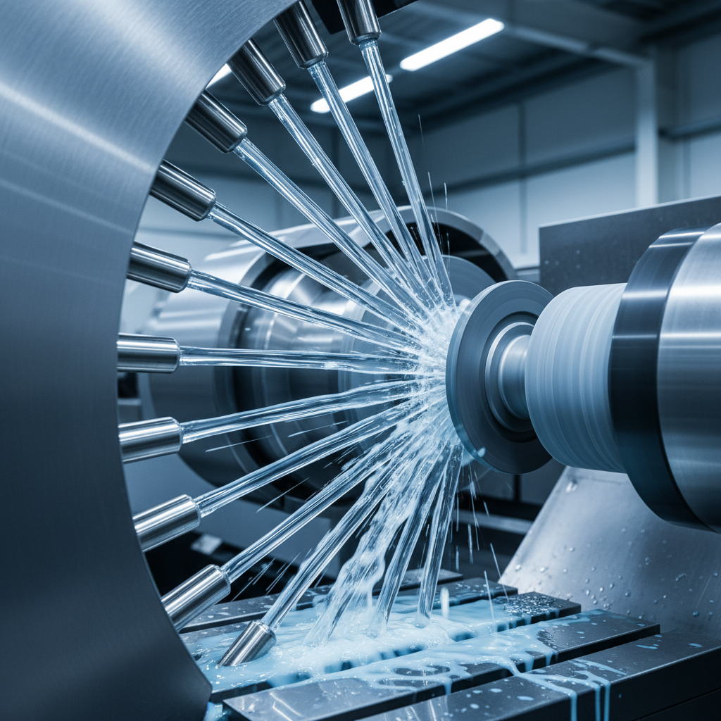 High-pressure coolant nozzle delivering fluid to grinding zone on CNC machine
