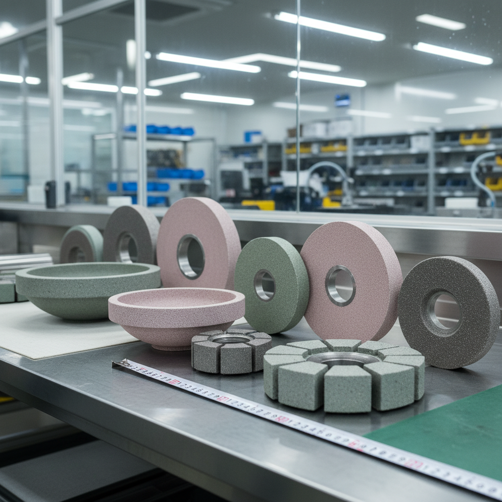Custom grinding wheels of various sizes and shapes on factory workbench